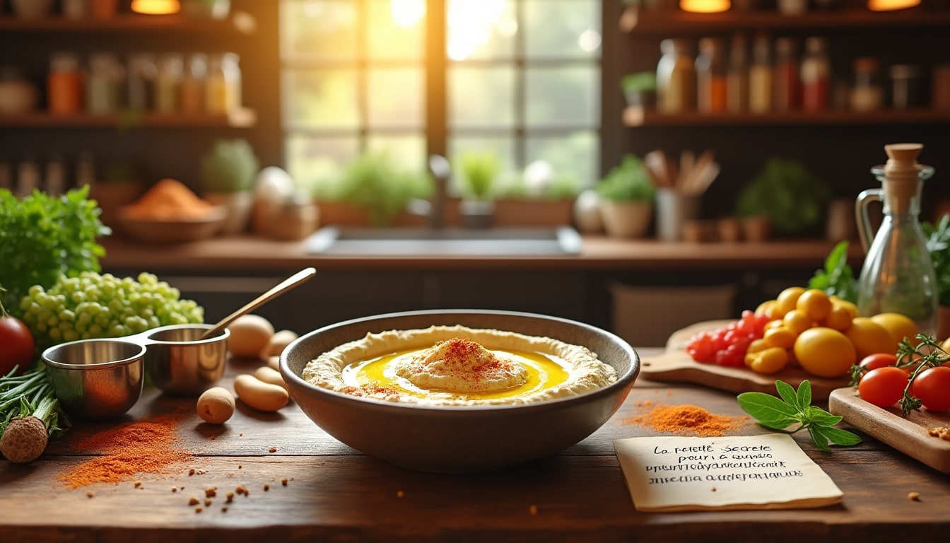 découvrez la recette secrète pour un houmous divinement crémeux qui ravira vos papilles. suivez nos étapes simples et savourez cette délicieuse préparation idéale pour vos apéritifs ou plats. ne manquez pas cette occasion de régaler vos invités avec un houmous parfait !